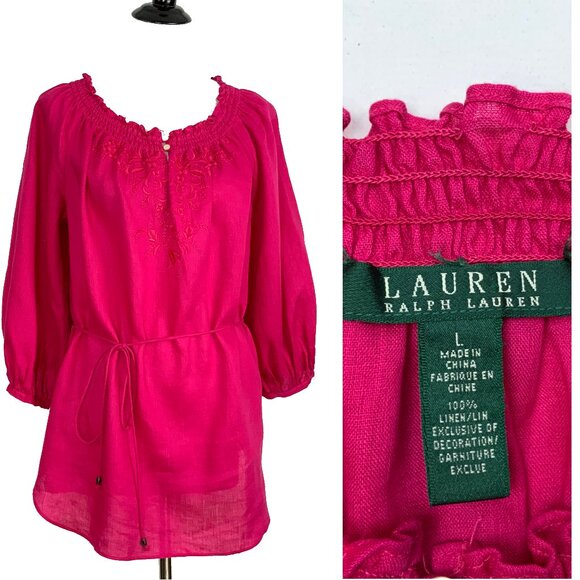 Lauren Ralph Lauren Fuschia Linen Peasant Embroidered Blouse Tie Waist Sz L - Picture 1 of 16